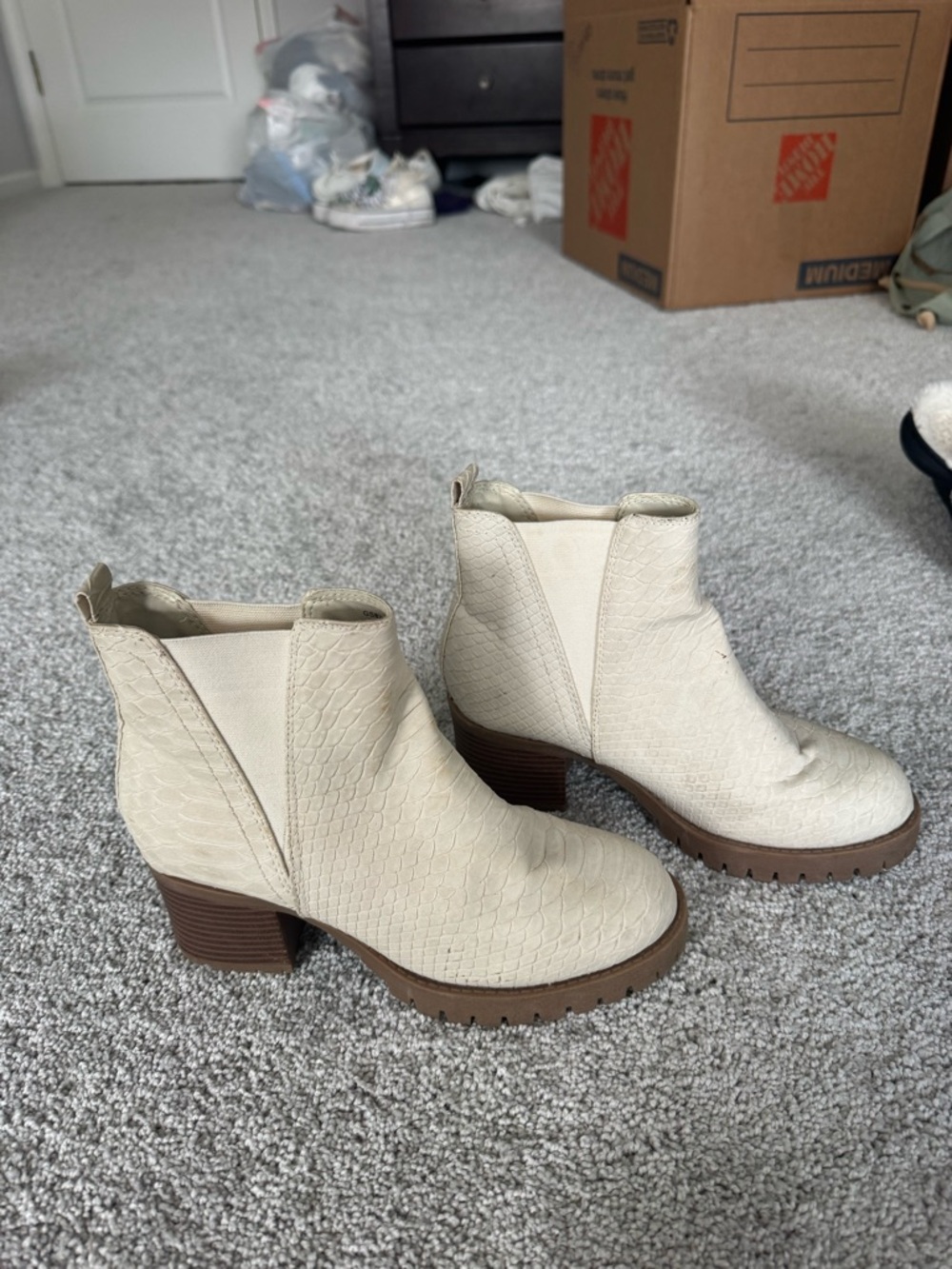 Altar'd State Cream Textured Ankle Booties with Brown Stack Heel